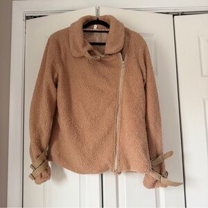 Source Unknown Camel Teddy Asymmetrical Zip Coat with Buckle Accents